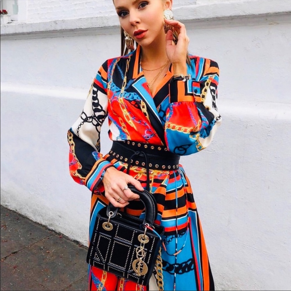 ZARA NWT BLOGGER FAVE Blue & Orange Chain Print Scarf Midi Shirt Dress Sz S - Picture 6 of 13